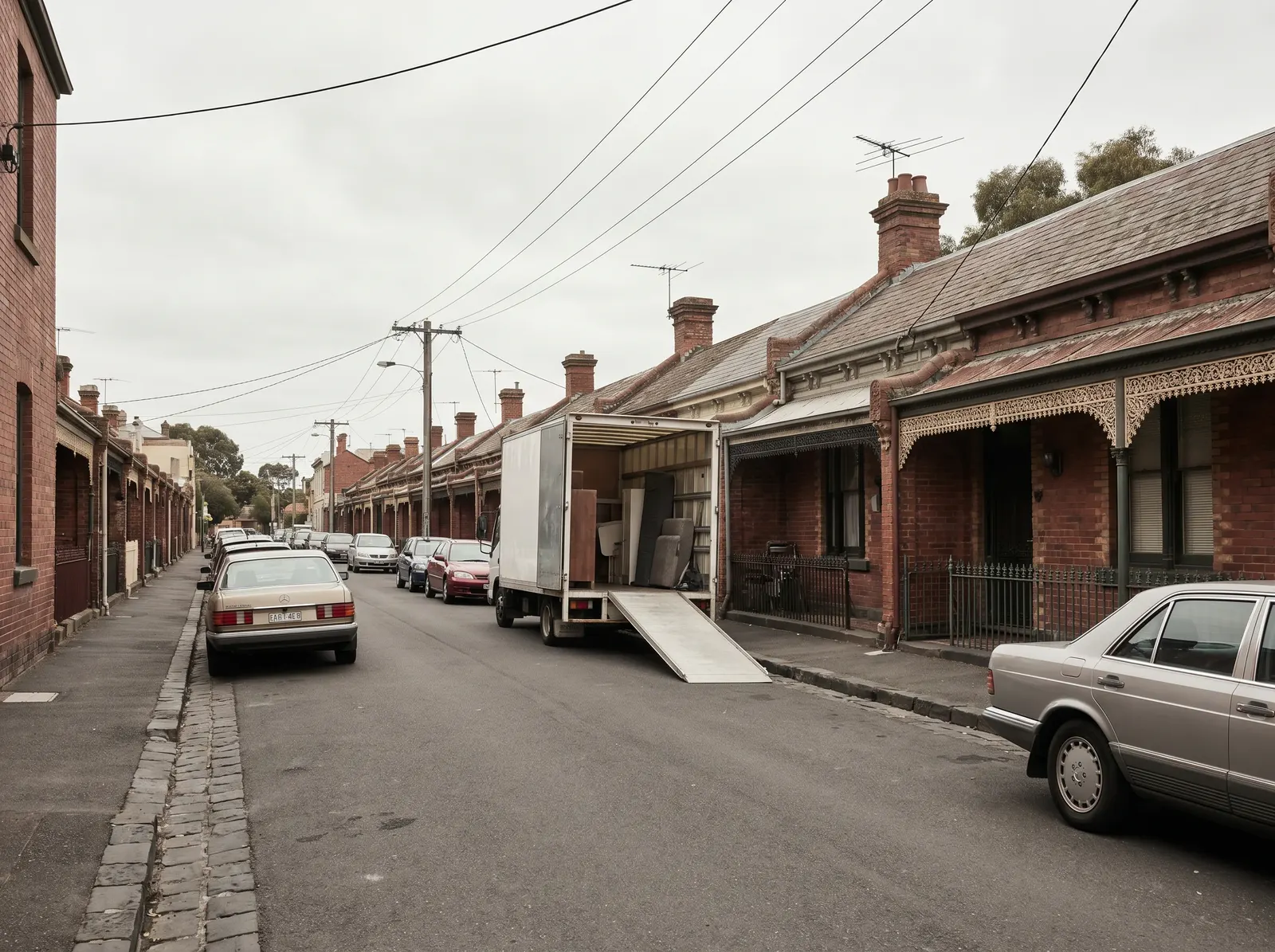 A single-fronted Victorian cottage street in Melbourne's inner-west with a removal truck loading at the kerb
